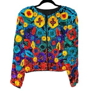 100% Silk Vintage 80s Vibrant Colorful Beaded Sequined Ribbon Bolero Jacket